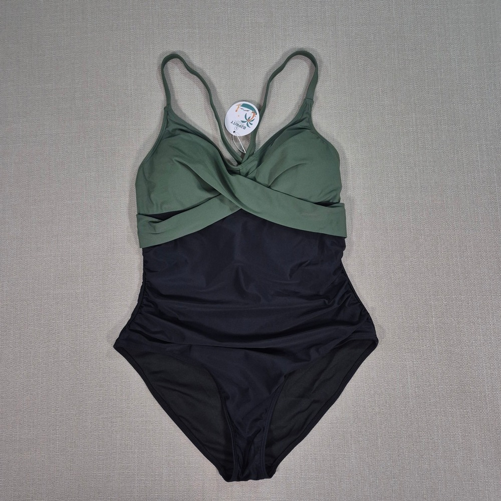 B2PRITY Women One Piece Swimsuit Olive Green Black Ruched Tummy Control Size L